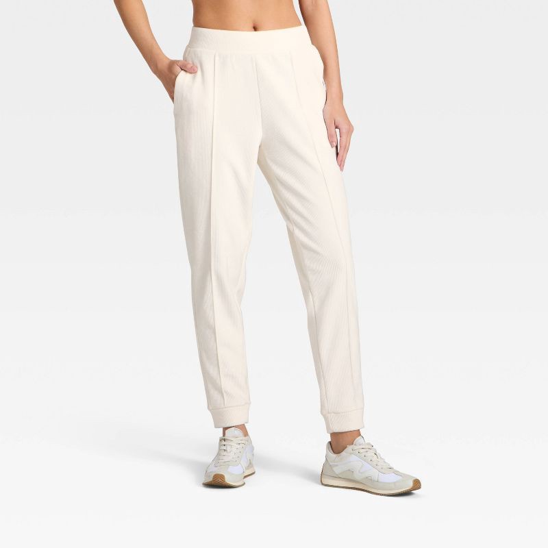 slide 1 of 5, Women's Velour Ribbed Jogger Sweatpants - All In Motion™ Cream M, 1 ct