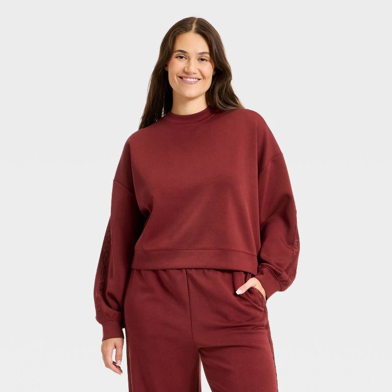 slide 3 of 5, Women's Airy Sleek Lace Trim Crewneck Sweatshirt - All In Motion™ Maroon L, 1 ct