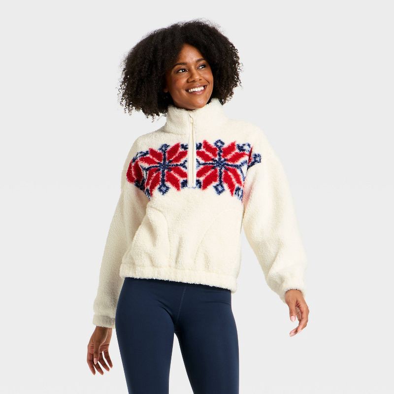 slide 1 of 5, Women's High Pile Fleece 1/2 Zip Pullover Jacket - All In Motion™ Cream/Red L, 1 ct