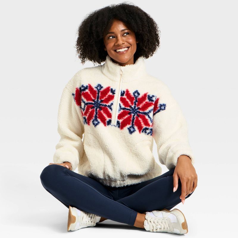 slide 3 of 5, Women's High Pile Fleece 1/2 Zip Pullover Jacket - All In Motion™ Cream/Red L, 1 ct