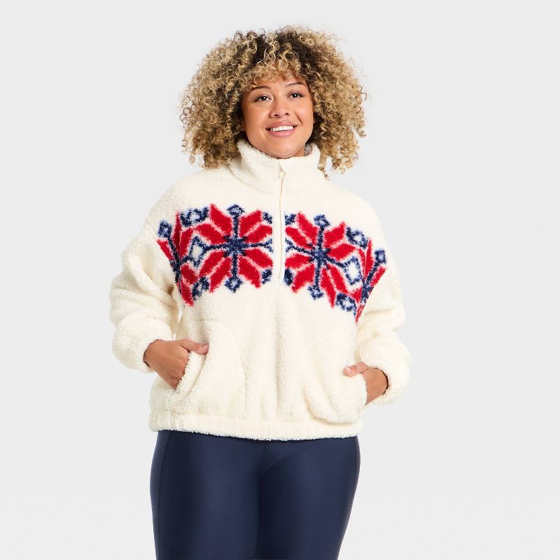 slide 4 of 5, Women's High Pile Fleece 1/2 Zip Pullover Jacket - All In Motion™ Cream/Red L, 1 ct