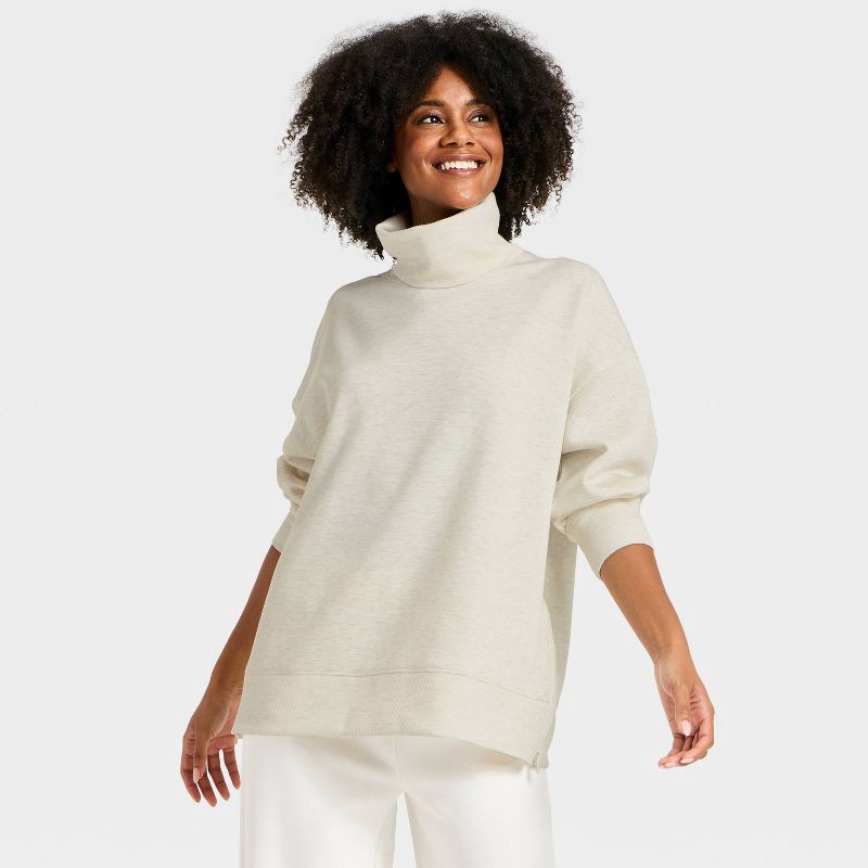 slide 3 of 5, Women's Airy Sleek Funnel Neck Sweatshirt - All In Motion™ Heather Cream L, 1 ct