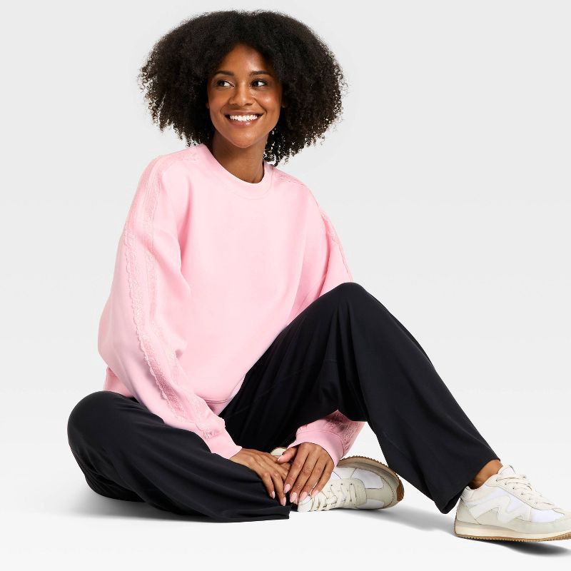 slide 2 of 5, Women's Airy Sleek Lace Trim Crewneck Sweatshirt - All In Motion™ Light Pink M, 1 ct