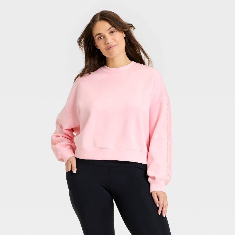 slide 4 of 5, Women's Airy Sleek Lace Trim Crewneck Sweatshirt - All In Motion™ Light Pink M, 1 ct