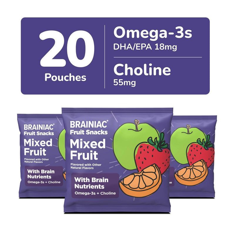 slide 3 of 8, Brainiac Kids Fruit Snacks with Omega-3s Mixed Fruit - 12.4oz/20ct, 12.4 oz, 20 ct
