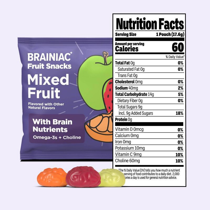 slide 5 of 8, Brainiac Kids Fruit Snacks with Omega-3s Mixed Fruit - 12.4oz/20ct, 12.4 oz, 20 ct