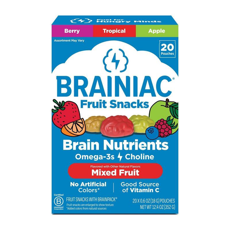 slide 1 of 11, Brainiac Kids Fruit Snacks with Omega-3s Mixed Fruit - 12.4oz/20ct, 12.4 oz, 20 ct