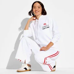 Women's Diet Coke Check Fleece Graphic Hooded Pullover Sweatshirt - White XXS