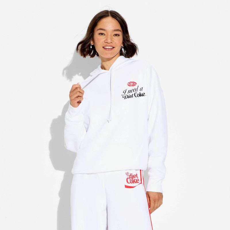 slide 2 of 3, Women's Diet Coke Check Fleece Graphic Hooded Pullover Sweatshirt - White S, 1 ct