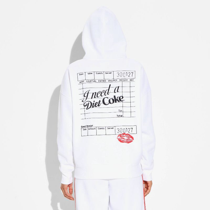 slide 3 of 3, Women's Diet Coke Check Fleece Graphic Hooded Pullover Sweatshirt - White S, 1 ct