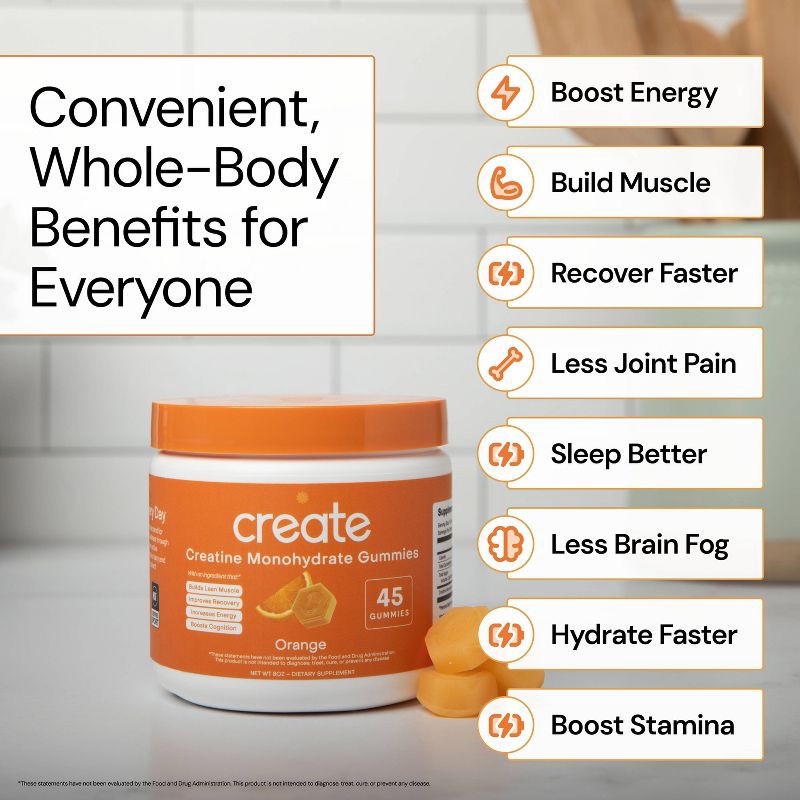 slide 7 of 10, Create Wellness Creatine Monohydrate Sports Nutrition Supplements Gummies - Orange - 8oz/45ct, 8 oz, 45 ct