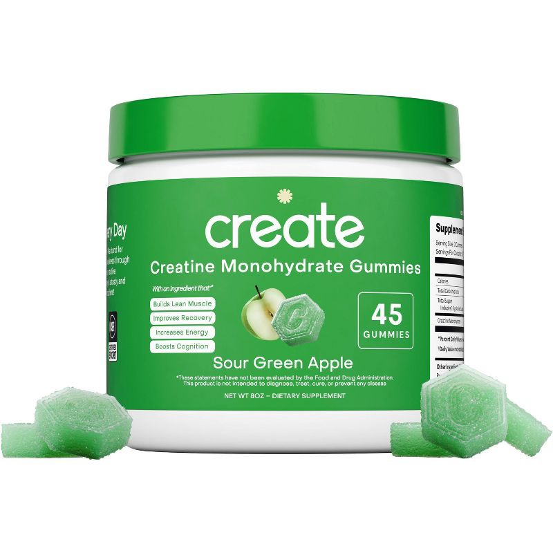 slide 2 of 10, Create Wellness Creatine Monohydrate Sports Nutrition Supplements Gummies - Sour Green Apple - 8oz/45ct, 8 oz, 45 ct
