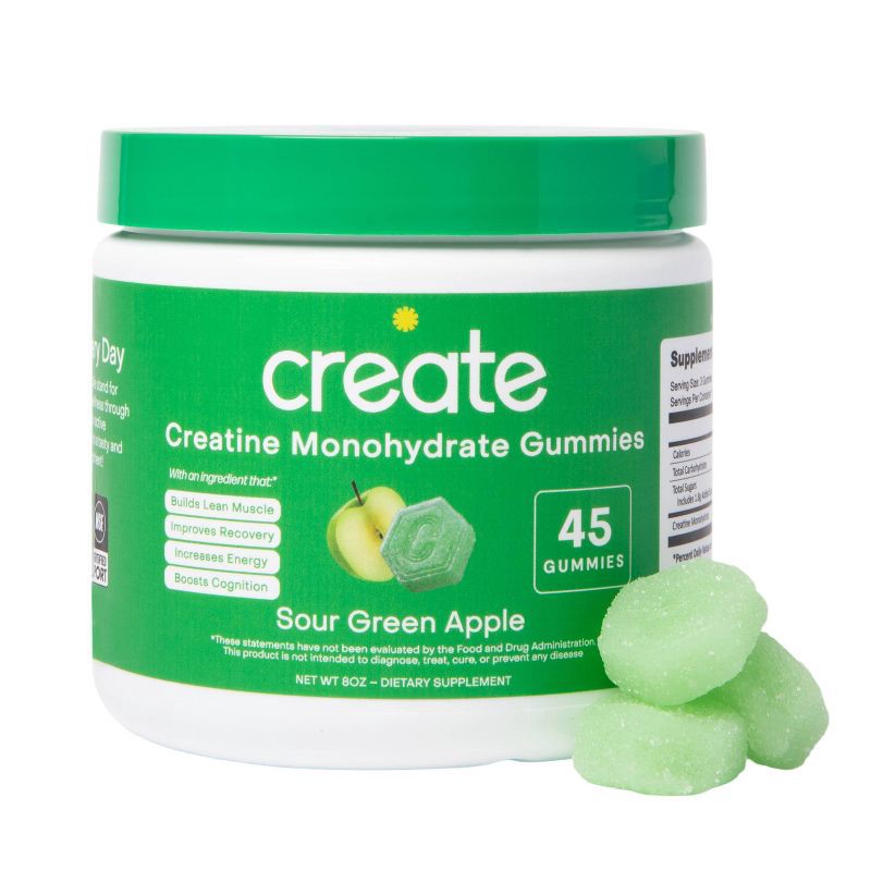 slide 1 of 10, Create Wellness Creatine Monohydrate Sports Nutrition Supplements Gummies - Sour Green Apple - 8oz/45ct, 8 oz, 45 ct
