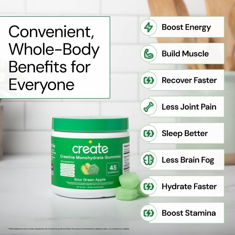 slide 7 of 10, Create Wellness Creatine Monohydrate Sports Nutrition Supplements Gummies - Sour Green Apple - 8oz/45ct, 8 oz, 45 ct