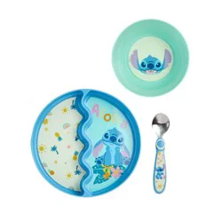 Disney 3pc Stitch Mealtime Baby Feeding Set with Divided Suction Plate, Bowl and Spoon: BPA-Free, Non-Slip Bottom, Stainless Steel