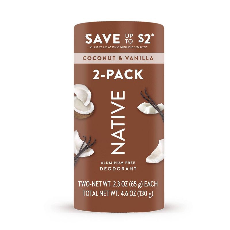 slide 5 of 8, Native Men's & Women's Twin Pack Deodorants - Aluminum-Free - Coconut & Vanilla - 4.6oz/2ct, 2 ct; 4.6 oz