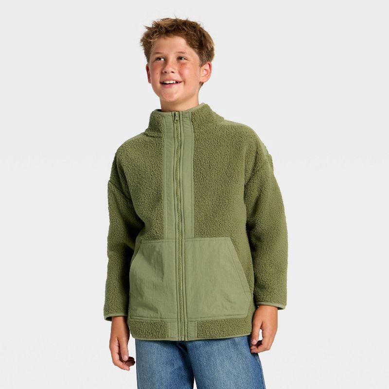 slide 1 of 3, Boys' Faux Shearling Fleece Zip-Up Jacket - art class™ Green S, 1 ct