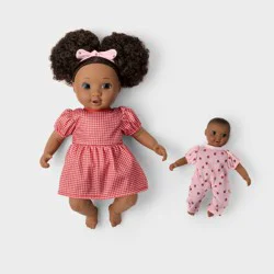 14" Dark Brown Hair/Brown Eyes Toddler Doll + Mini Baby Doll - Gigglescape™
