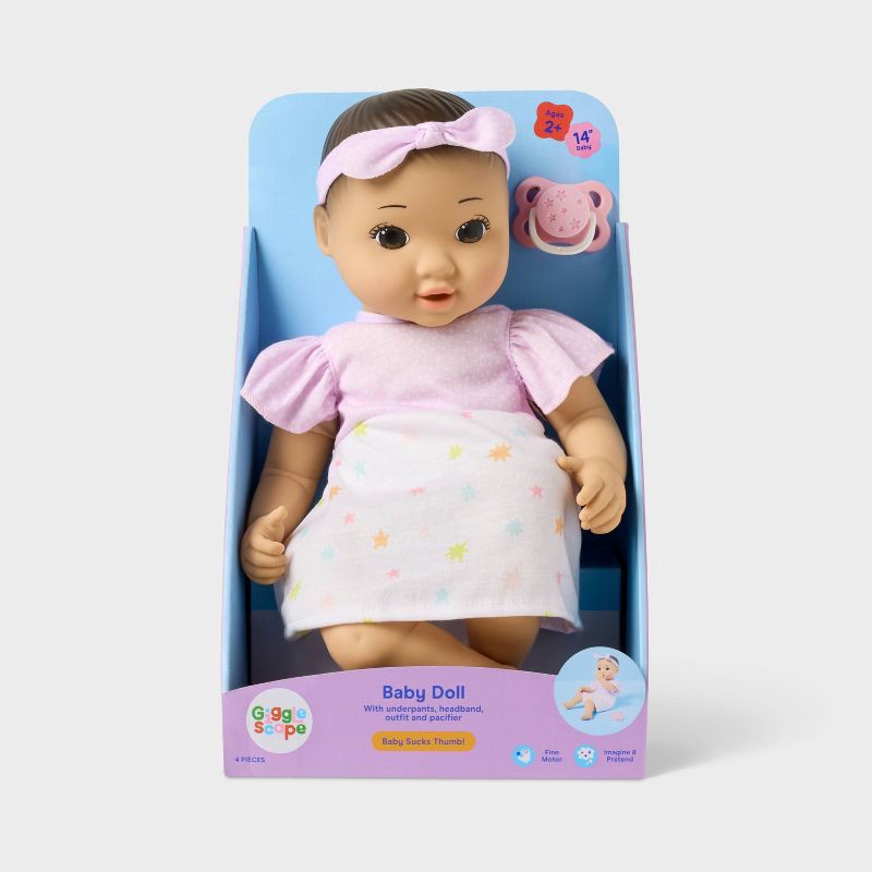 slide 4 of 5, 14" Black Hair/Brown Eyes Girl Baby Doll - Gigglescape™, 1 ct