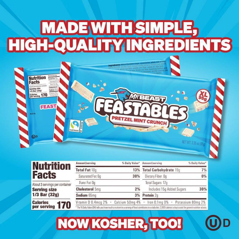 slide 5 of 9, Feastables Pretzel Mint Crunch XL Christmas Chocolate Bar Stocking Stuffer - 3.35oz, 3.35 oz