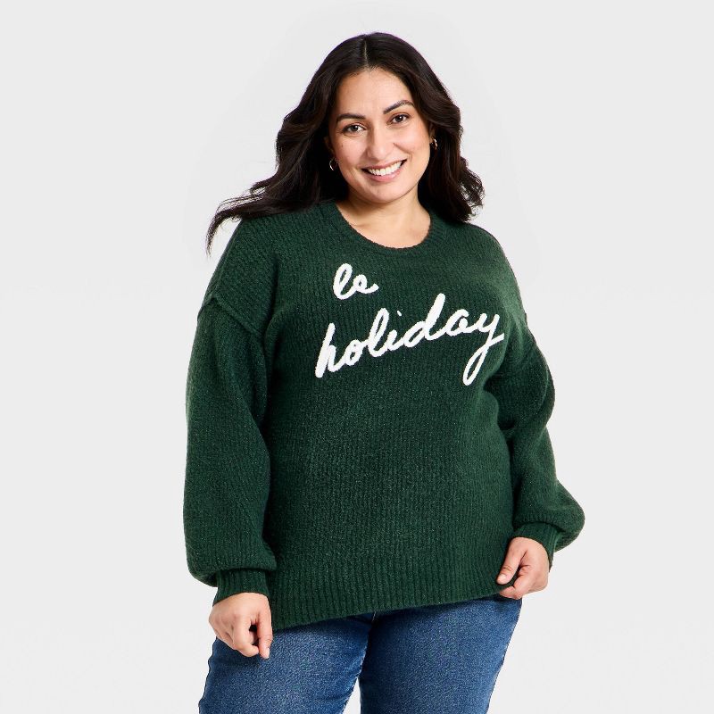 slide 1 of 3, Women's Long Sleeve Crewneck Holiday Sweater - Ava & Viv™ Green 2X, 1 ct