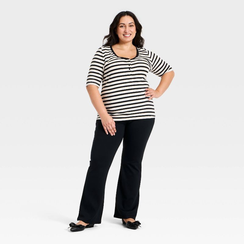 slide 3 of 3, Women's Slim Fit Elbow Sleeve Button-Front Ribbed Henley Top - Ava & Viv™ Black/Cream Striped 1X, 1 ct