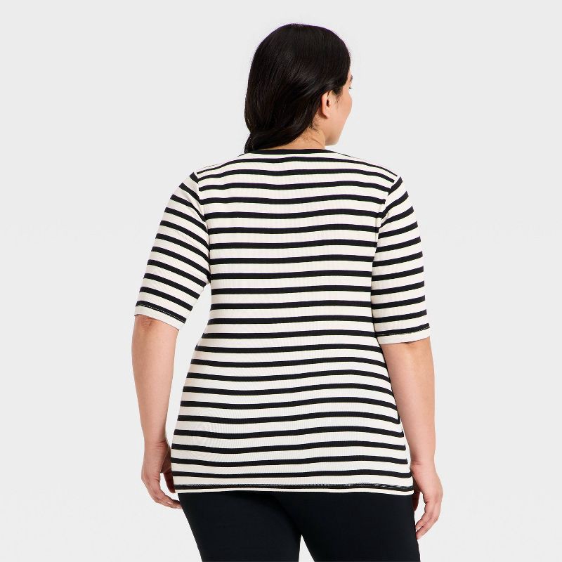 slide 2 of 3, Women's Slim Fit Elbow Sleeve Button-Front Ribbed Henley Top - Ava & Viv™ Black/Cream Striped 2X, 1 ct