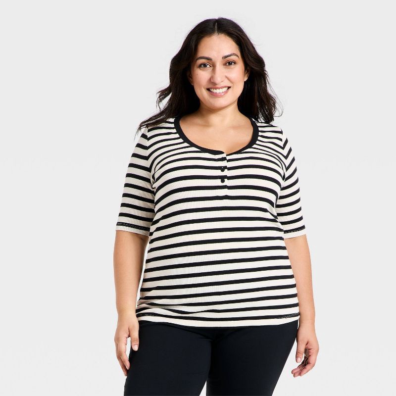 slide 1 of 3, Women's Slim Fit Elbow Sleeve Button-Front Ribbed Henley Top - Ava & Viv™ Black/Cream Striped 3X, 1 ct
