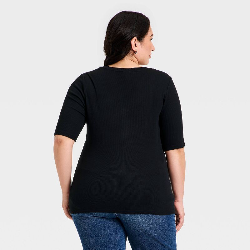 slide 2 of 3, Women's Slim Fit Elbow Sleeve Button-Front Ribbed Henley Top - Ava & Viv™ Black XXL, 1 ct