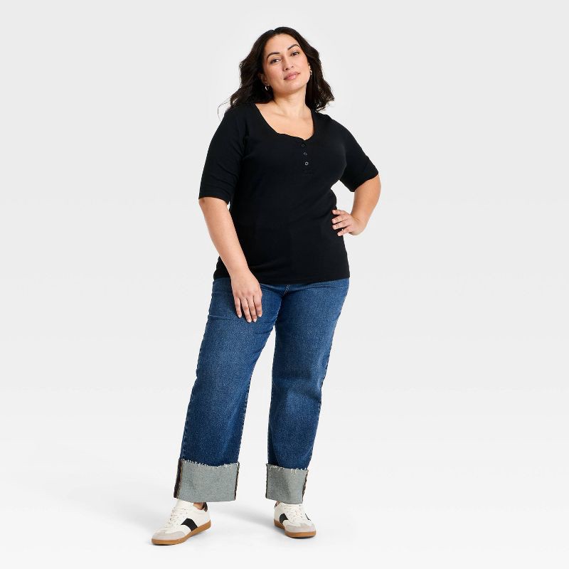 slide 3 of 3, Women's Slim Fit Elbow Sleeve Button-Front Ribbed Henley Top - Ava & Viv™ Black 1X, 1 ct