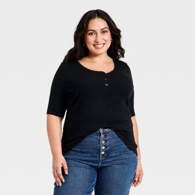 slide 1 of 3, Women's Slim Fit Elbow Sleeve Button-Front Ribbed Henley Top - Ava & Viv™ Black 2X, 1 ct