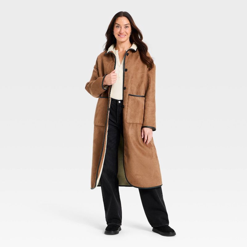 slide 2 of 3, Women's Faux Suede Long Coat - Universal Thread™ Tan M, 1 ct