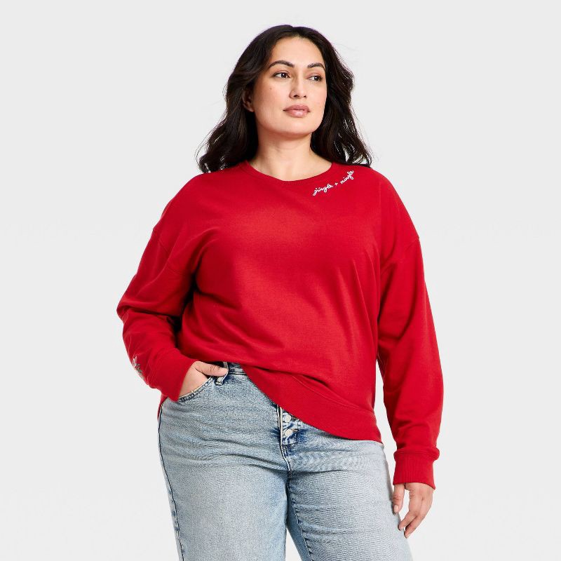 slide 1 of 4, Women's Holiday French Terry Rib-Knit Sweatshirt - Ava & Viv™ Red 1X, 1 ct