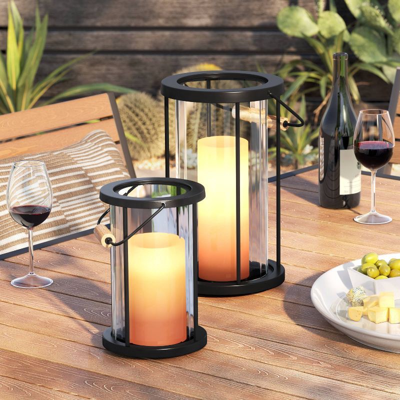slide 2 of 5, 12.5"x8.2" Metal and Glass Outdoor Pillar Candle Holder Lantern Black - Threshold™, 1 ct