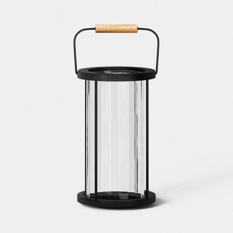 slide 1 of 5, 12.5"x8.2" Metal and Glass Outdoor Pillar Candle Holder Lantern Black - Threshold™, 1 ct