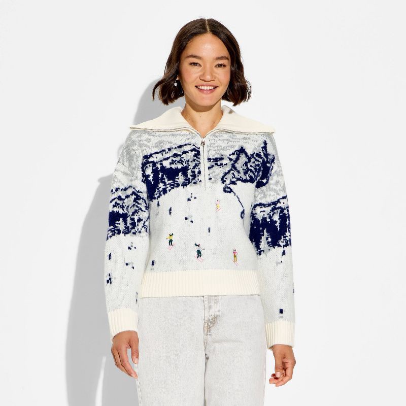 slide 2 of 3, Women's Polo Collar Quarter Zip Novelty Pullover Sweater - Wild Fable™ Off-White Landscape S, 1 ct