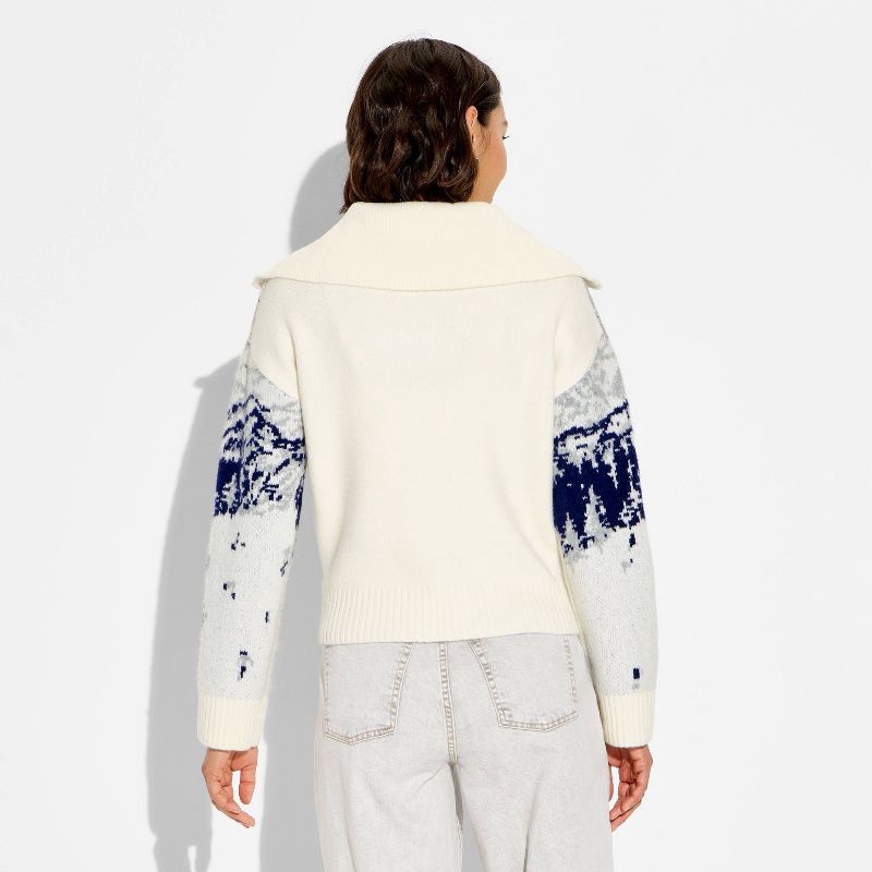 slide 3 of 3, Women's Polo Collar Quarter Zip Novelty Pullover Sweater - Wild Fable™ Off-White Landscape M, 1 ct