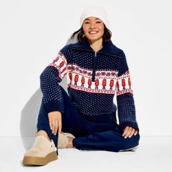 Women's Polo Collar Quarter Zip Novelty Pullover Sweater - Wild Fable™ Navy Blue Boy L