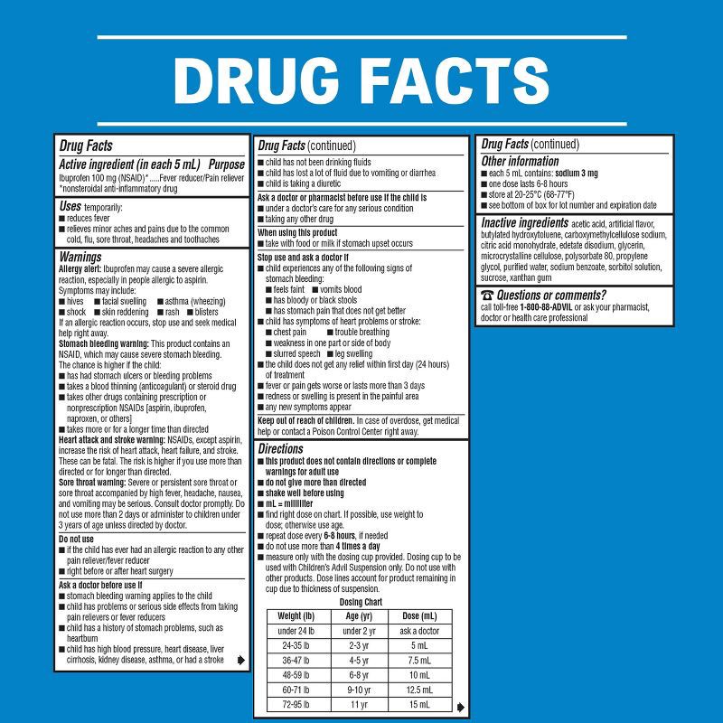 slide 10 of 10, Advil Children's Dye-Free Liquid Fever Reducer/Pain Reliever 100 mg - Ibuprofen (NSAID) - White Grape - 4 fl oz, 100 mg, 4 fl oz