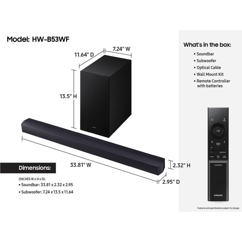 slide 6 of 11, Samsung 2.1Ch DTS Virtual:X Soundbar with Subwoofer (HW-B53WF): HDMI ARC, Bluetooth, Wall Mountable, 1 ct