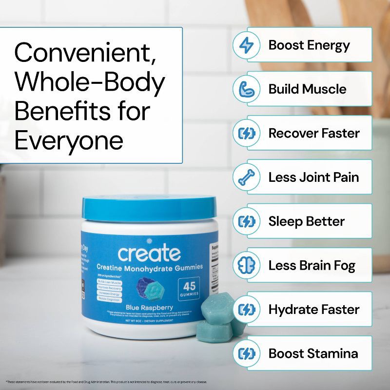 slide 7 of 10, Create Wellness Creatine Monohydrate Sports Nutrition Supplement Gummies - Blue Raspberry - 8oz/45ct, 8 oz, 45 ct