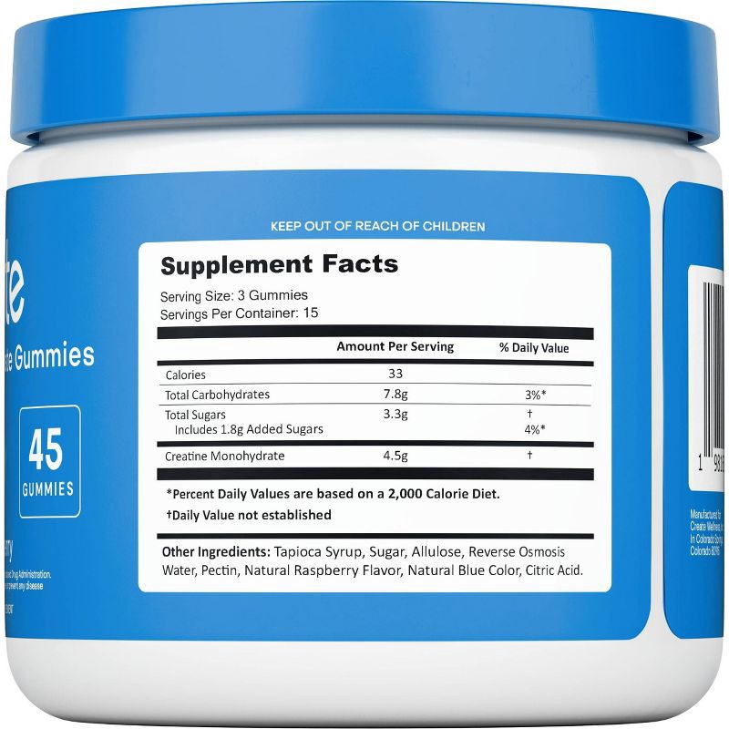 slide 10 of 10, Create Wellness Creatine Monohydrate Sports Nutrition Supplement Gummies - Blue Raspberry - 8oz/45ct, 8 oz, 45 ct