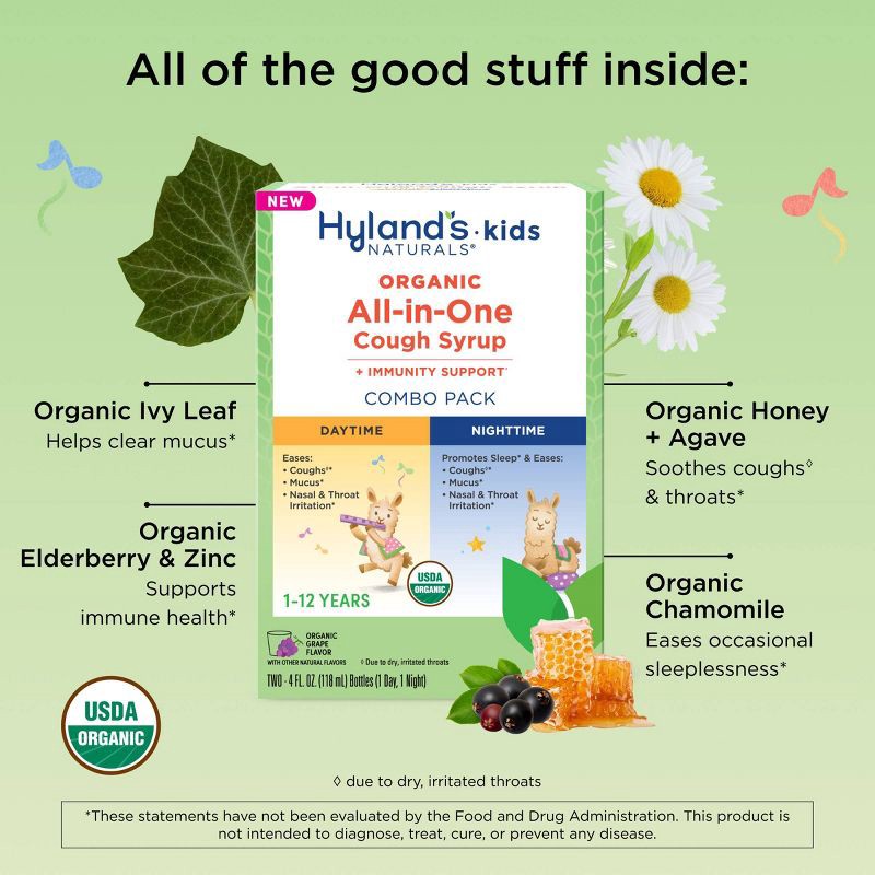 slide 4 of 7, Hyland's Naturals Kids' Organic Day & Night All-in-One Cough Relief Liquid - Grape - 8 fl oz, 8 fl oz