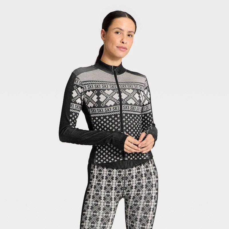 slide 1 of 5, Women's Seamless Fair Isle Printed Full Zip Jacket - All In Motion™ Black/Cream S, 1 ct