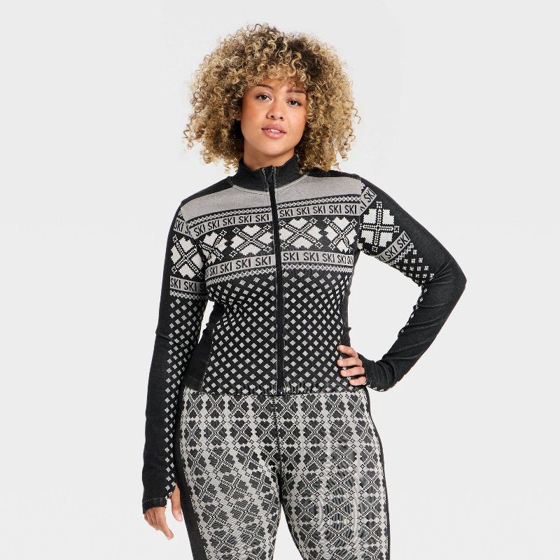 slide 4 of 5, Women's Seamless Fair Isle Printed Full Zip Jacket - All In Motion™ Black/Cream S, 1 ct