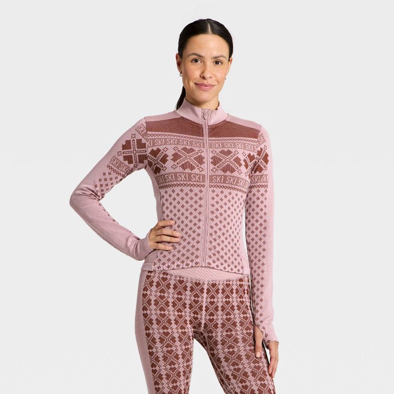 slide 1 of 5, Women's Seamless Fair Isle Printed Full Zip Jacket - All In Motion™ Maroon/Light Pink S, 1 ct