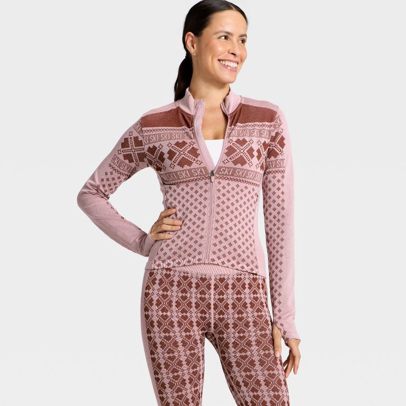 slide 3 of 5, Women's Seamless Fair Isle Printed Full Zip Jacket - All In Motion™ Maroon/Light Pink L, 1 ct
