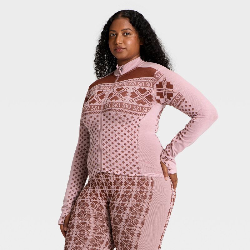 slide 4 of 5, Women's Seamless Fair Isle Printed Full Zip Jacket - All In Motion™ Maroon/Light Pink L, 1 ct