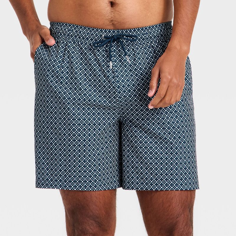 slide 1 of 3, Men's 7'' Swim Trunks with Boxer Brief Liner - Goodfellow & Co™ Navy Geo XXL, 1 ct