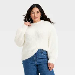 Women's Long Sleeve Crewneck Fuzzy Pullover Sweater - Ava & Viv™ Ivory XXL